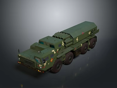Green Military Vehicle With Multiple Wheels And Tactical Missile Launcher System 3d model