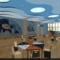 School Classroom Interior With Blue Cloud Shaped Ceiling And Cartoon Wall Murals 3d model