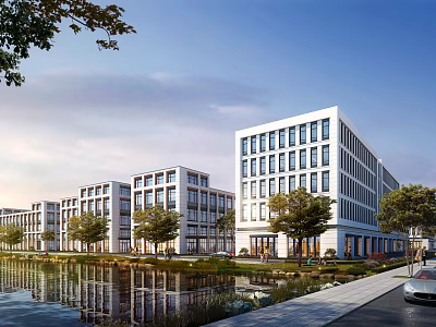 Modern White Office Building With Many Windows Along The Lake Featuring Trees Road And Car 3d model