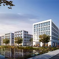 Modern White Office Building With Many Windows Along The Lake Featuring Trees Road And Car