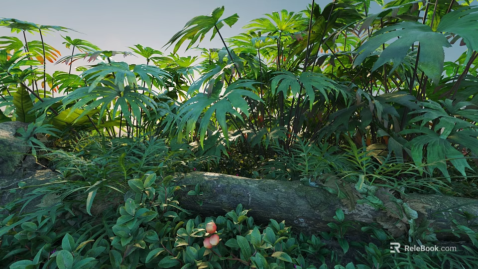 Lush Green Shrubbery With Large Leaves And Natural Log In Garden Setting 3d model 