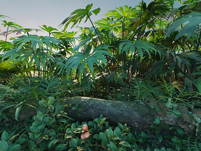 Lush Green Shrubbery With Large Leaves And Natural Log In Garden Setting 3d model