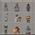 Collectible Dolls Display on White Shelf with Various Character Designs Anime Robot and Animal Figures