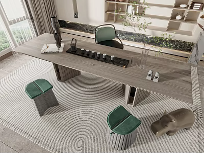 Modern Wooden Tea Table with Green Chairs Stools and Tea Set in Bright Interior 3d model