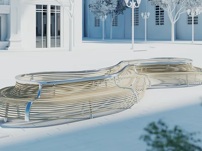 Curved Metal Landscape Seat In Outdoor Plaza With White Building And Trees 3d model