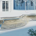 Curved Metal Landscape Seat In Outdoor Plaza With White Building And Trees