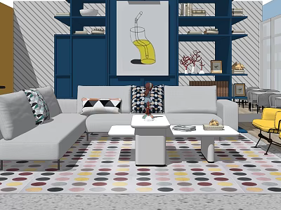 Modern Living Area With Gray Sofa Pillows Coffee Tables Blue Shelving And Polka Dot Rug 3d model
