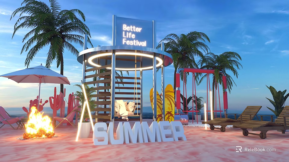 Vibrant Summer Better Life Festival Scene With Palm Trees Sun Loungers And Fire Pit 3d model 