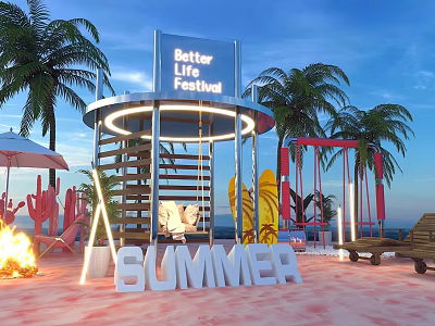 Vibrant Summer Better Life Festival Scene With Palm Trees Sun Loungers And Fire Pit 3d model