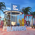 Vibrant Summer Better Life Festival Scene With Palm Trees Sun Loungers And Fire Pit