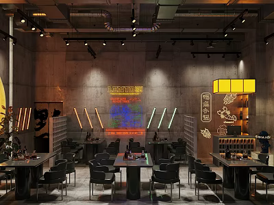 Industrial Bar Interior With Concrete Walls Neon Signs And Table Seating 3d model