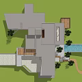 Modern Single Family Villa With Glass Windows Lush Lawn And Palm Trees