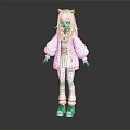 Cat Eared Character In Light Coat Long Sleeves White Pants Shoes On Dark Background