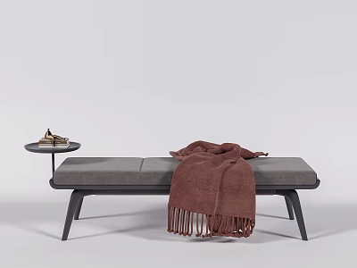 Gray Sofa Bench With Brown Fringed Blanket And Side Table With Books 3d model