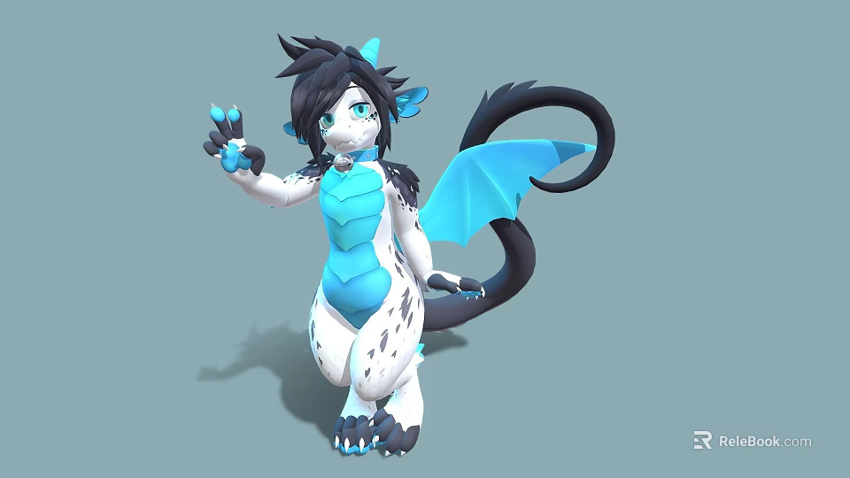 Game And Movie Character 3D Model With Black Hair Blue Horns And Waving Hand 3d model 