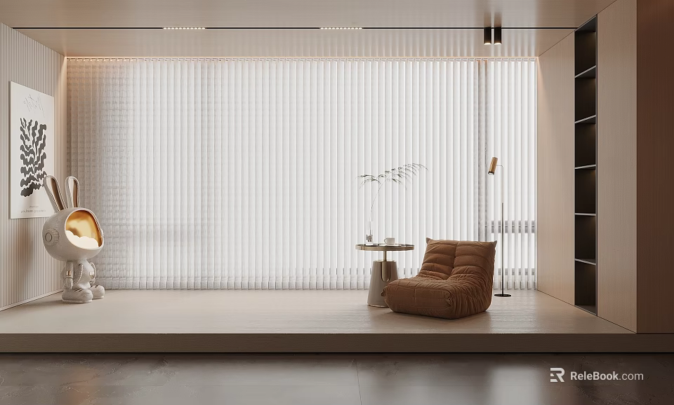 Modern Vertical Curtains in Minimalist Interior Design with Cozy Seating and Warm Atmosphere 3d model 