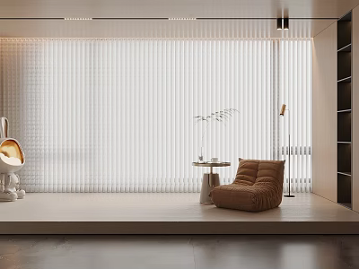 Modern Vertical Curtains in Minimalist Interior Design with Cozy Seating and Warm Atmosphere 3d model