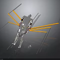 Silver Robot Character With Spider-like Yellow And White Lines On Dark Reflective Surface