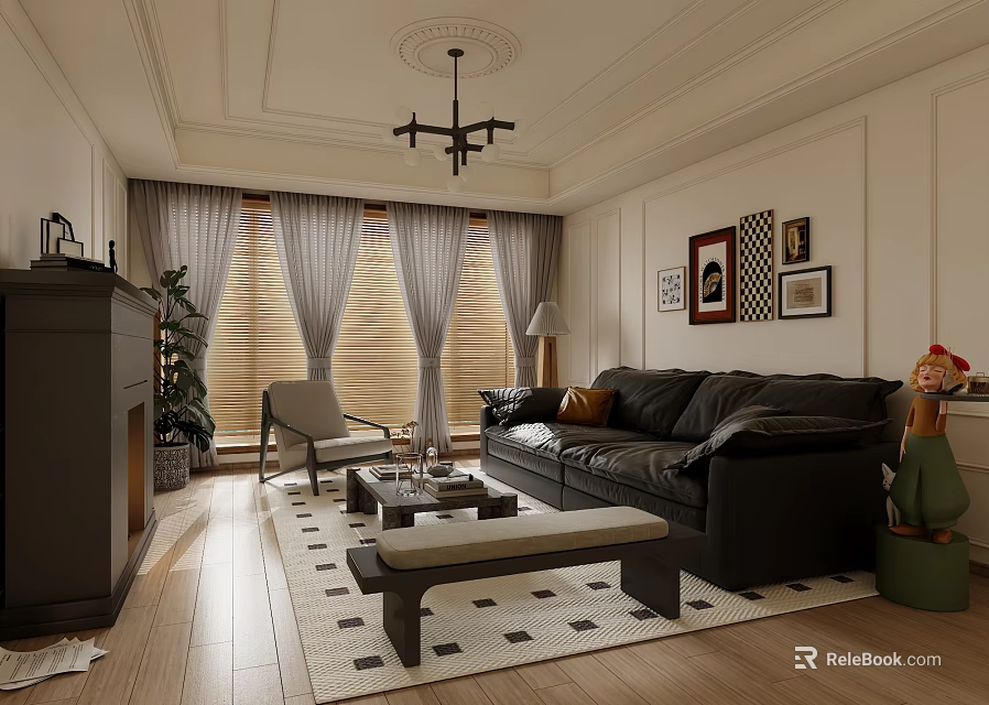 Cozy Vintage Style Living Room With Black Leather Sofa And Exquisite Wall Art Decorations 3d model 