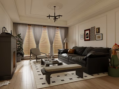 Cozy Vintage Style Living Room With Black Leather Sofa And Exquisite Wall Art Decorations 3d model