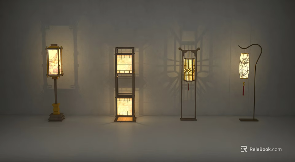 Four Traditional Chinese Lanterns With Different Designs Wooden Frames And Illuminated Panels 3d model 