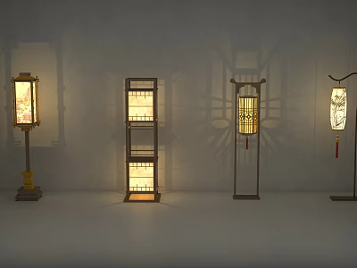 Four Traditional Chinese Lanterns With Different Designs Wooden Frames And Illuminated Panels 3d model