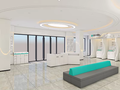 Modern Service Hall Interior With White Counters Glass Windows Self Service Machines And Turquoise Benches 3d model