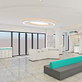 Modern Service Hall Interior With White Counters Glass Windows Self Service Machines And Turquoise Benches
