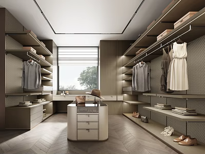 Modern Walk in Closet Interior With Hanging Clothes Drawers Shelves And Shoes 3d model