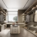 Modern Walk in Closet Interior With Hanging Clothes Drawers Shelves And Shoes