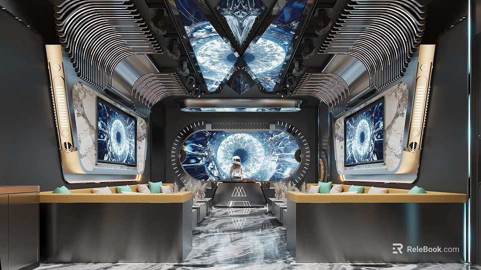 Modern Futuristic KTV Room Interior With Large Screens Unique Ceiling And Marble Flooring 3d model 