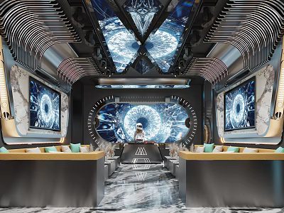 Modern Futuristic KTV Room Interior With Large Screens Unique Ceiling And Marble Flooring 3d model