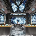Modern Futuristic KTV Room Interior With Large Screens Unique Ceiling And Marble Flooring