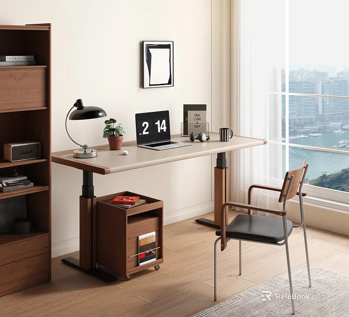 Modern Adjustable Desk With Laptop Desk Lamp Plant And City View Window 3d model 