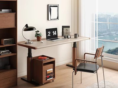 Modern Adjustable Desk With Laptop Desk Lamp Plant And City View Window 3d model