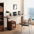 Modern Adjustable Desk With Laptop Desk Lamp Plant And City View Window