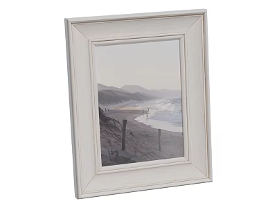 Simple White Photo Frame Showcasing Coastal Beach Scene With Mountain And Sea 3d model