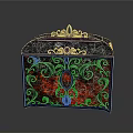 Decorative Box With Green Top Red Sides Intricate Patterns And Metal Accents