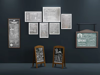 Variety Of Chalkboard Menus Featuring Wall Mounted And Standing Brunch Boards 3d model
