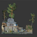 Cartoon Scenic Waterfront Cabin On Sandy Shore With Wooden Pier Small Boat And Pine Trees