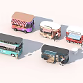 Multiple Colorful Food Trucks In Various Styles With Mobile Vending Windows And Roof Equipment