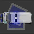 White Police Van With Blue Stripes And Flashing Lights On Top