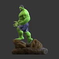 Two Green Hulk Statues With Muscular Bodies Tattered Shorts And Rock Bases