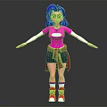 3D Animated Character With Blue Hair Pink T-shirt Red Plaid Shirt And Arms Outstretched