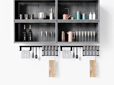 Organized Kitchenware Display On Dark Wooden Shelves With Hanging Utensils And Cutting Boards 3d model