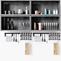 Organized Kitchenware Display On Dark Wooden Shelves With Hanging Utensils And Cutting Boards