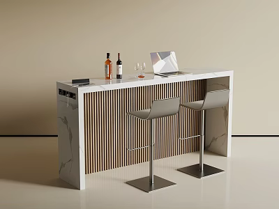 Modern Bar Counter With Marble Countertop Wine Bottles Glass Tablet And Gray Bar Stools 3d model