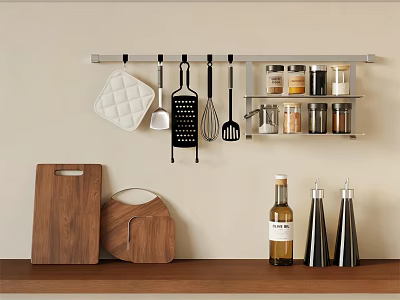 Organized Kitchen Wall With Hanging Tools Wooden Cutting Boards And Spice Jars 3d model