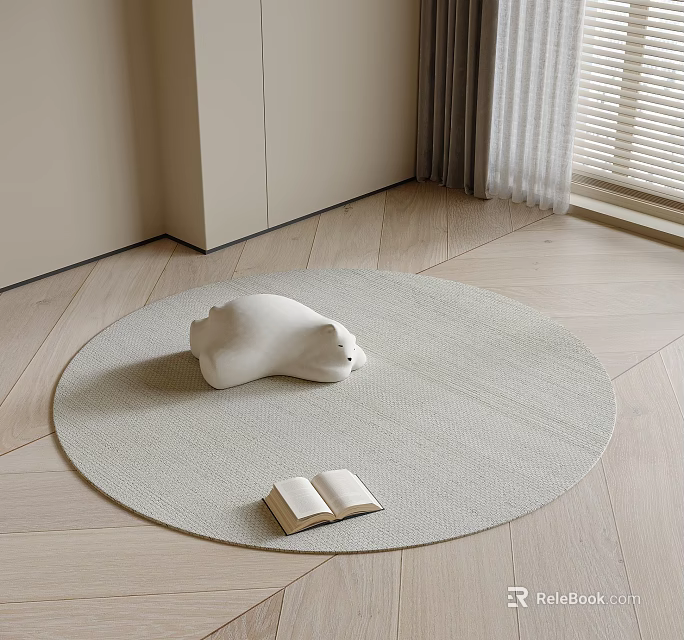 Minimalist Round Woven Rug With White Bear Decor And Open Book In Living Space 3d model 