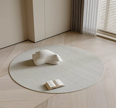 Minimalist Round Woven Rug With White Bear Decor And Open Book In Living Space 3d model